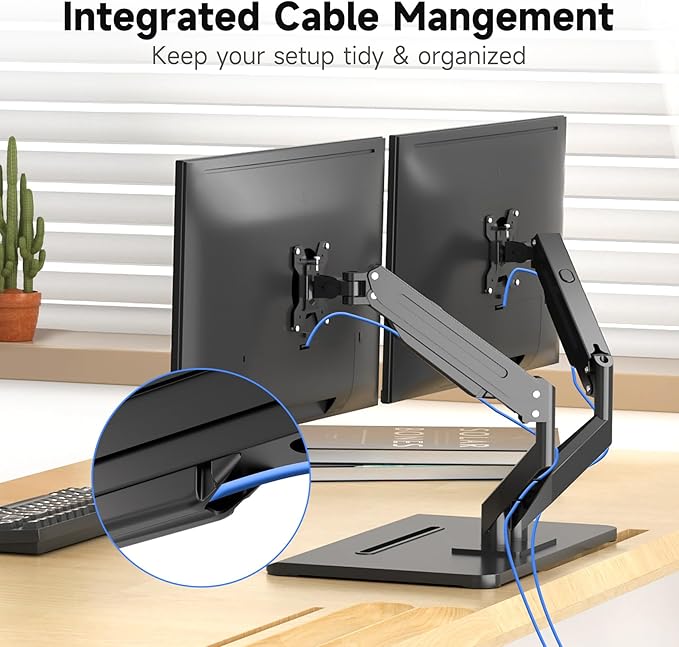 suptek Dual Monitor Mount Gas Spring Monitor Arm Desk Stand with Base,Free Standing Pneumatic Height Adjustable Monitor Stand for 17 to 32 inch,Holds up to 22 lbs,Black(ML8SP)