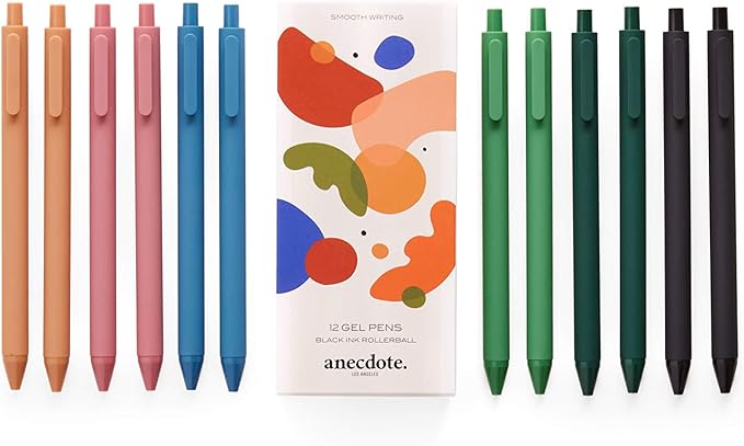 ANECDOTE. Gel Pens, Black Ink (12 Pack), Retractable Set, Cute Fine Point (0.5mm), Smooth Writing With Chic & Fun Design for Journaling (Set of 12)