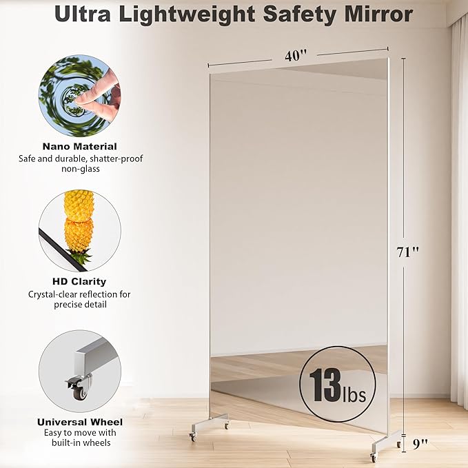 Brisafe Home Gym Mirror 71'' x 40'' - Rolling Safety Mirror for Dance Studio & Yoga, Ultra Clear Nano Material Full-Length, Oversized Shatterproof Floor Mirror With Wheels, 13LBS, Black