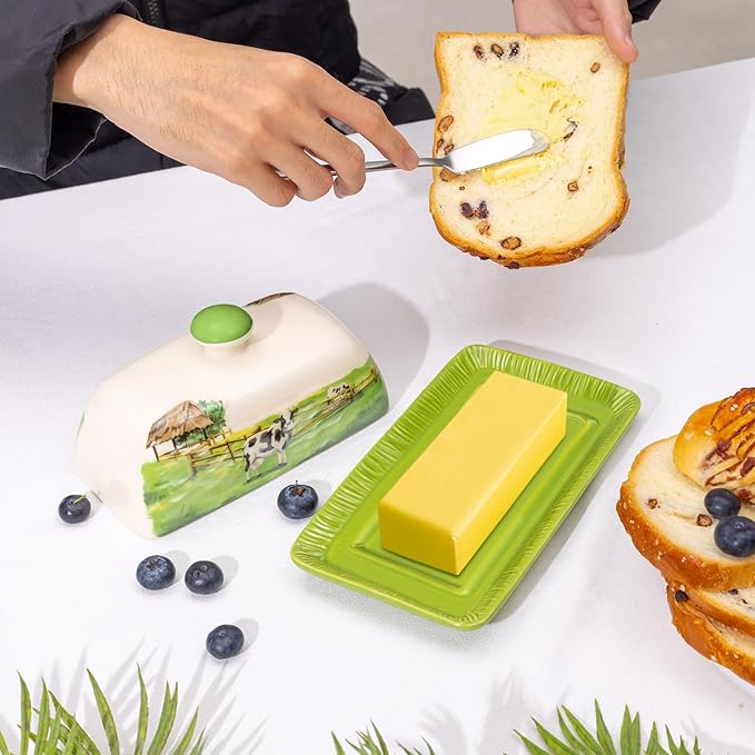Cow Butter Dish with Lid for Countertop, Large Ceramic Embossed Butter Keeper Holder Storage, Farmhouse Butter Container Tray for East West Coast Butter Cow Kitchen Decor