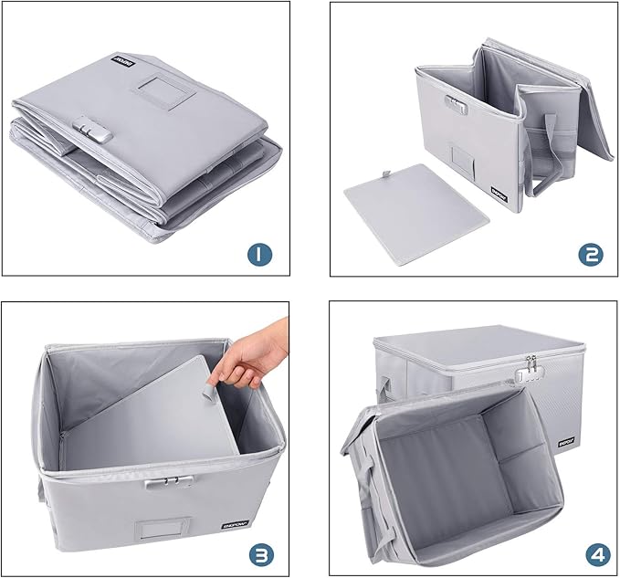ENGPOW File Box with Lock, Fireproof Document Box with Zipper&Pockets, Collapsible File Organizer Filing Storage Cabinet with Handle, Portable Home Office Safe for Hanging Letter/Legal Folder,Silver