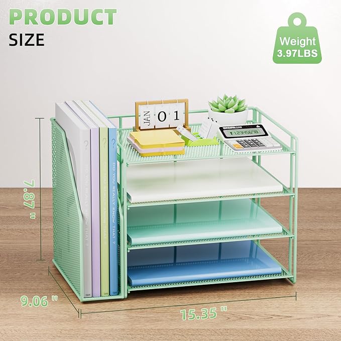 Marbrasse Desk Organizer and Accessories,4-Tier Paper Letter Tray Organizer with File Holder,Desk Accessories & Workspace Desktop Organizers for School Home Office Supplies (Green)