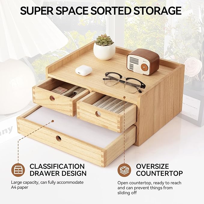 KIRIGEN Wood Organizer Shelf with 3 Drawers for Home Kicthen Decor Office Supplies Desktop Cabinet for Drawer Organizer - Desk Accessories Storage Box -Countertop Shelf Natural(DT2D3C-NA)