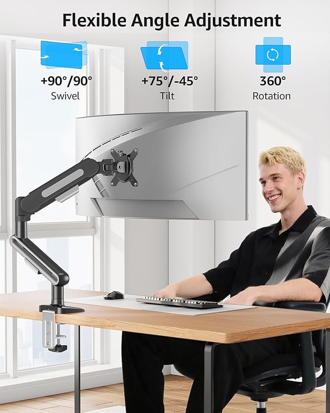 MOUNTUP Single Monitor Desk Mount for 4.4-26.5lbs, Heavy Duty Monitor Arm for 39 37 34 32 27inch, Full-Motion Monitors Stand, Height Adjustable Gas Spring Monitors Arm with C-Clamp&Grommet Base