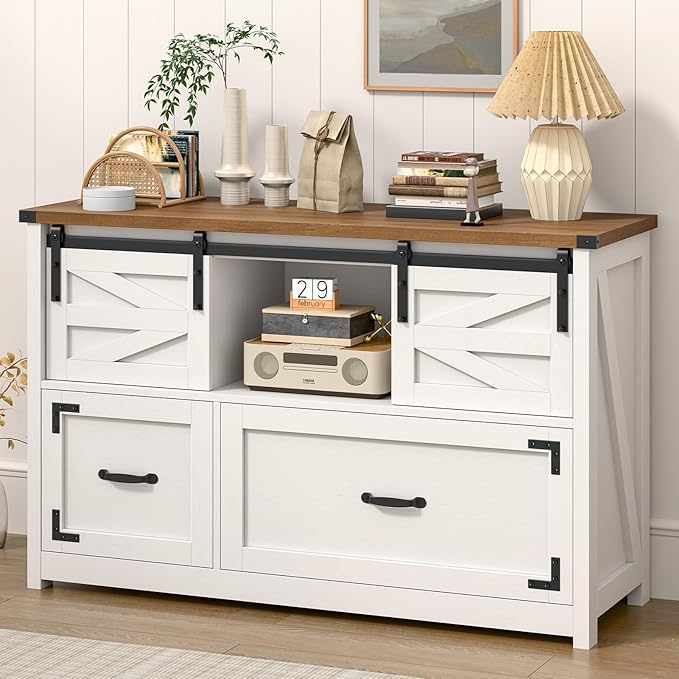 Lateral File Cabinets 2 Drawer with Sliding Barn Doors, Farmhouse Filing Cabinet with 2 Drawer for Home Officeļ¼Filing Organization Storage Cabinets for Hanging Files Letter/Legal/F4/A4.(Brown.)
