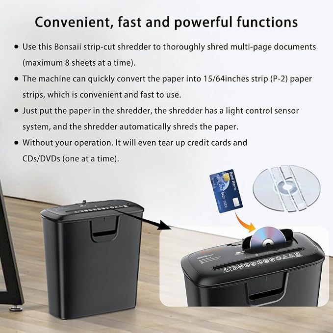 Bonsaii 8-Sheet Strip-Cut Shredder for Home – Compact Home Office Paper Shredder with Overheat Protection, Capable of Shredding CDs and Credit Cards, Includes a 3.4-Gallon Waste Bin
