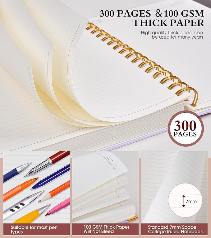 Spiral Notebook Journal 8.5” x 11”, 300 Pages Hardcover Leather Lined Journals for Women Men, A4 Large College Ruled Notebooks with 100 GSM Thick Paper, Spiral Journal for Writing Work School, Purple