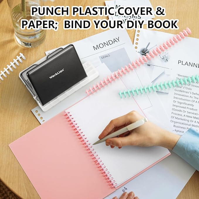 Binding Machine for Planner: WORKLION Metal 10 Hole Punch&Multi Color 30 Hole Loose Leaf Binder Rings(10 pcs) for Making 26 Holes on B5 Paper, 30 Holes on A4, 20 Holes on A5 Book, Black