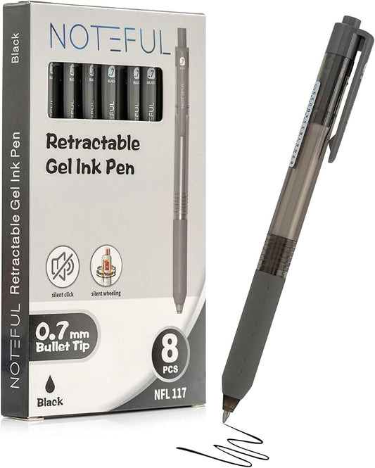 Retractable Silent Click Gel Pens For Journaling, Smooth Writing, Black Gel Ink Medium Point Pen (0.7 mm), Pack of 8