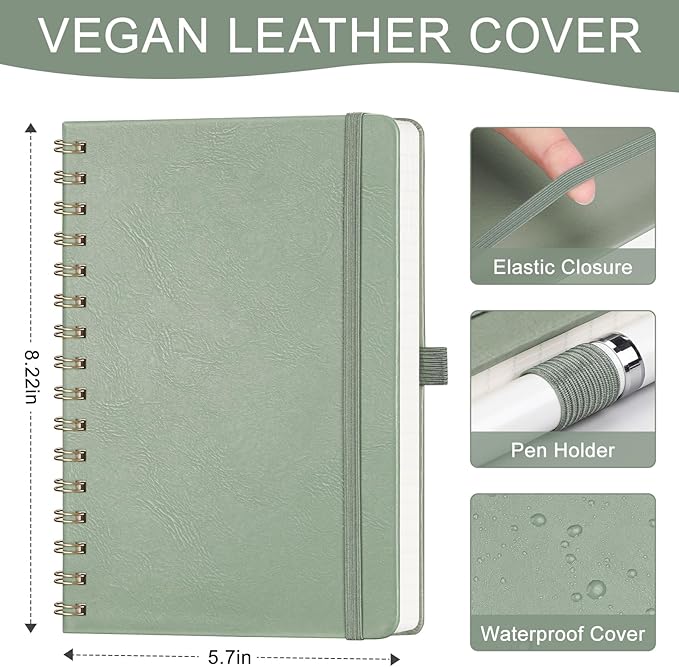 AHGXG Lined Spiral Journal Small Notebook for Women, Notebook College Ruled A5 5.7" X 8.3", 140 Numbered Pages, Hardcover Leather, Meeting Notebook for Work, School Office Supplies, Sage Green