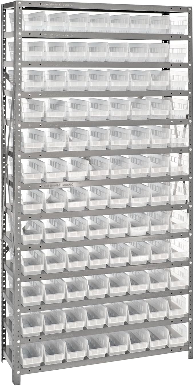 Quantum Storage Systems 1275-101CL Clear-View Sloped Shelving Unit with 4" Shelf Bins, 96 QSB101 Shelf Bins, 12" D x 36" W x 75" H