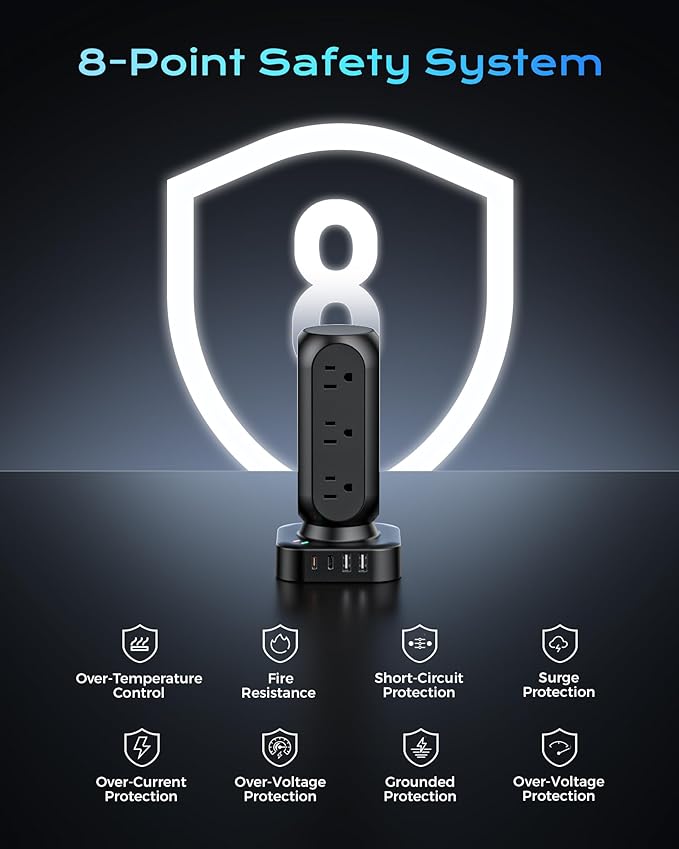 Dual PD 20W Power Strip Tower, TenTrend Surge Protector Power Strip with 12 AC Outlets & 8 USB Ports (4 USB C), 40W Desk Fast Charging Station, 10FT Flat Plug Extension Cord for Desk Office Dorm Room