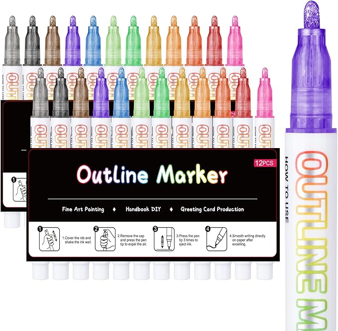 Double Line Outline Markers,2Pack X12 Colors Glitter Markers,Metallic Sparkle Pen for Drawing,Tween Teen Girl Gifts Trendy Stuff 4-16 Year Old,Art Supplies for Kids 9-12