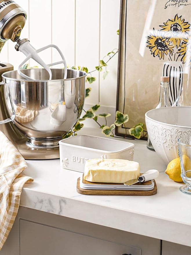 LE TAUCI Butter Dish with Lid for Countertop, Ceramic Butter Container, Embossed Butter Keeper with Acacia Wood lid, Knife, and Airtight Cover, Farmhouse Decor - Set of 1, Arctic White, Bee Pattern