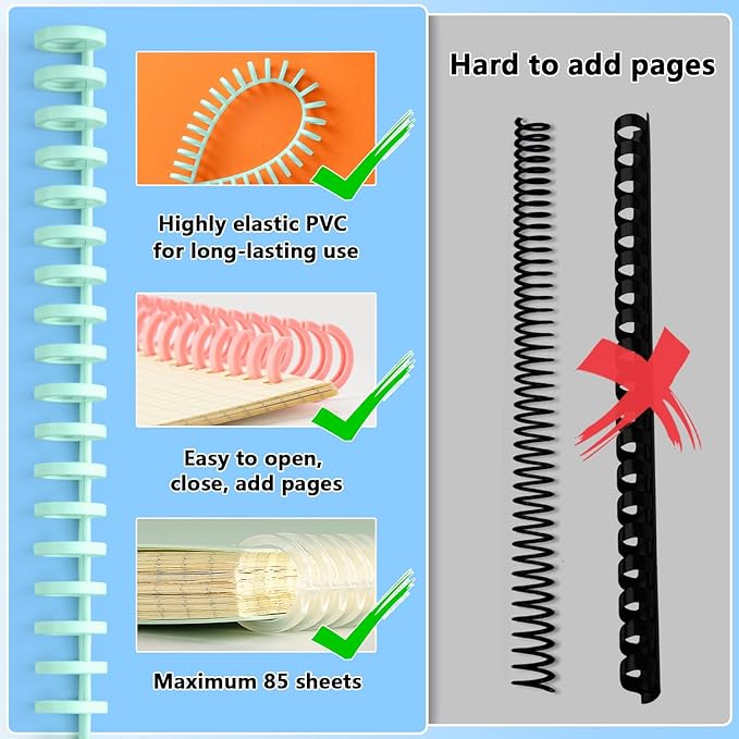 Binding Spines/Coils/Combs Easy to Open Close Adding Pages for Binding Machine Worklion,26pcs,Diameter 1/2", 30 Ring, Maximum 85 Sheets, Multicolor Trimmable Binding Combs