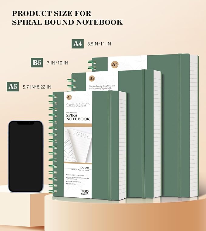 Spiral Notebook Journal College Ruled 8.5''x 11'', 360 Pages Lined Thick Journals for Women Men, A4 Large Spiral Notebooks with 100GSM Paper, Spiral Journaling for Writing Work, School Green