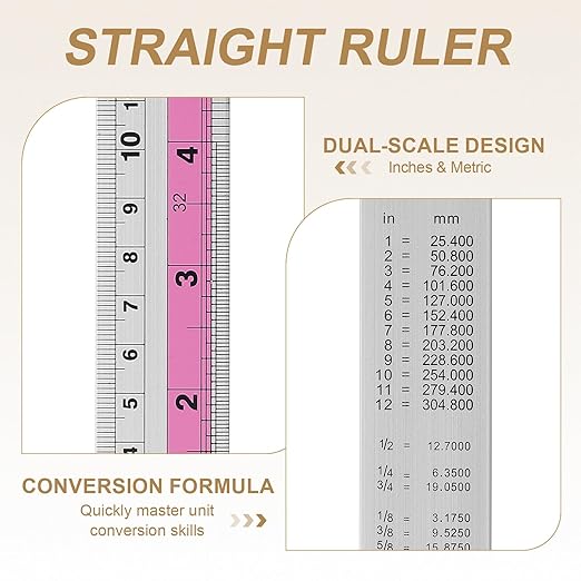 HARFINGTON 4pcs Metal Straight Ruler 30cm Metric SAE Aluminum Alloy Measuring Rulers Scale Tools with Hole for Measure Study Reading Classroom Office, Pink