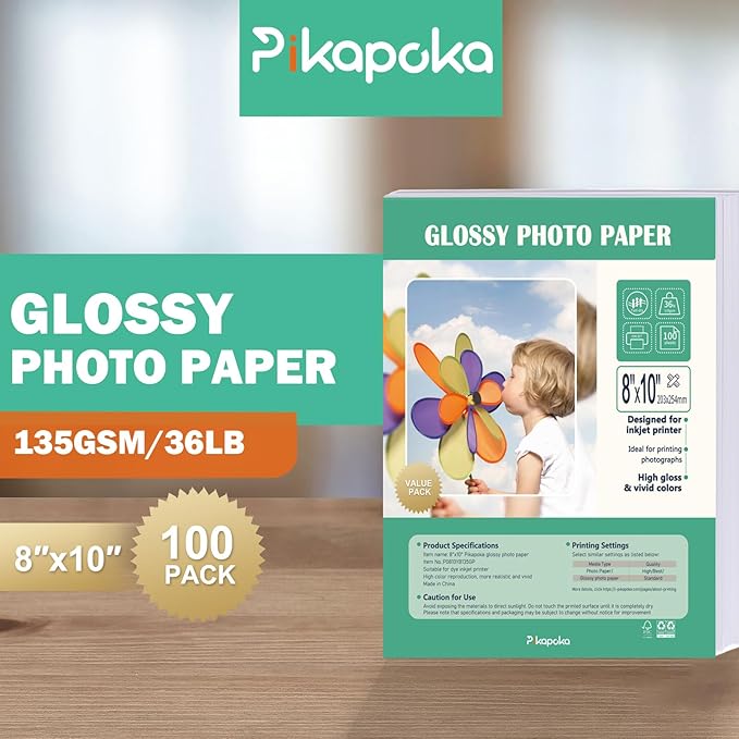 36lb Glossy Photo Paper, 8x10, 8R Size, Thin Glossy Photo Paper for Chip Bags, Inkjet, 100 Pack