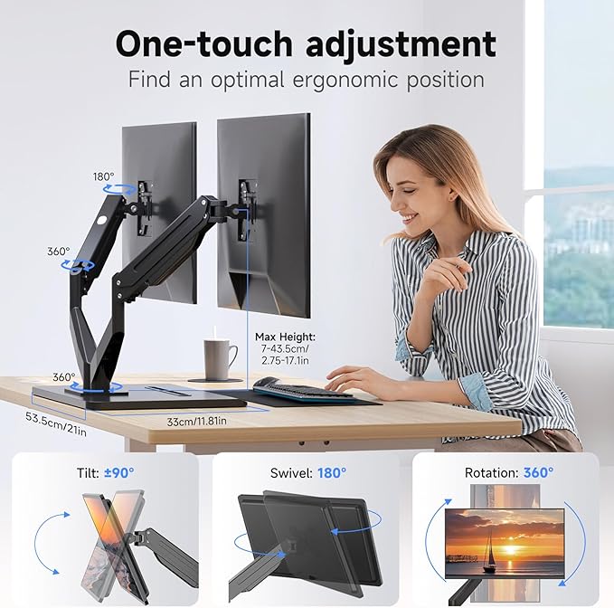 suptek Dual Monitor Mount Gas Spring Monitor Arm Desk Stand with Base,Free Standing Pneumatic Height Adjustable Monitor Stand for 17 to 32 inch,Holds up to 22 lbs,Black(ML8SP)