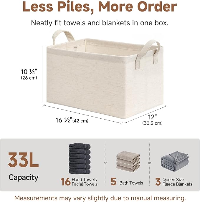 StorageWorks Storage Bins, Shelves Baskets for Organizing, Large Fabric Closet Organizers with Handles, Metal Frame, Beige(Cotton-linen), 2-Pack