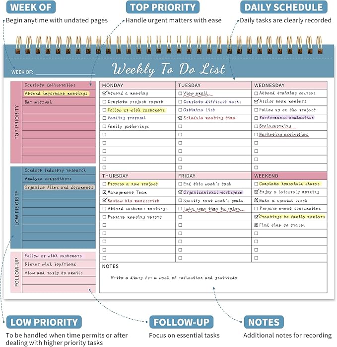 Weekly To Do List Notepad, 52 Undated Sheets (8.5"×11") Duplex-printed Weekly Planner Notepad For Work Home School Office Desk Accessories Supplies & Goal Setting Tasks - Blue