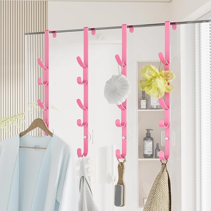 Over The Door Hooks, Metal Door Hooks for Hanging, Over The Door Purse Organizer for Coat Hanger, Back of Shower Door for Hanging Towel Rack Clothes, Hat, Bathroom, Closet (Pink-4Packs)
