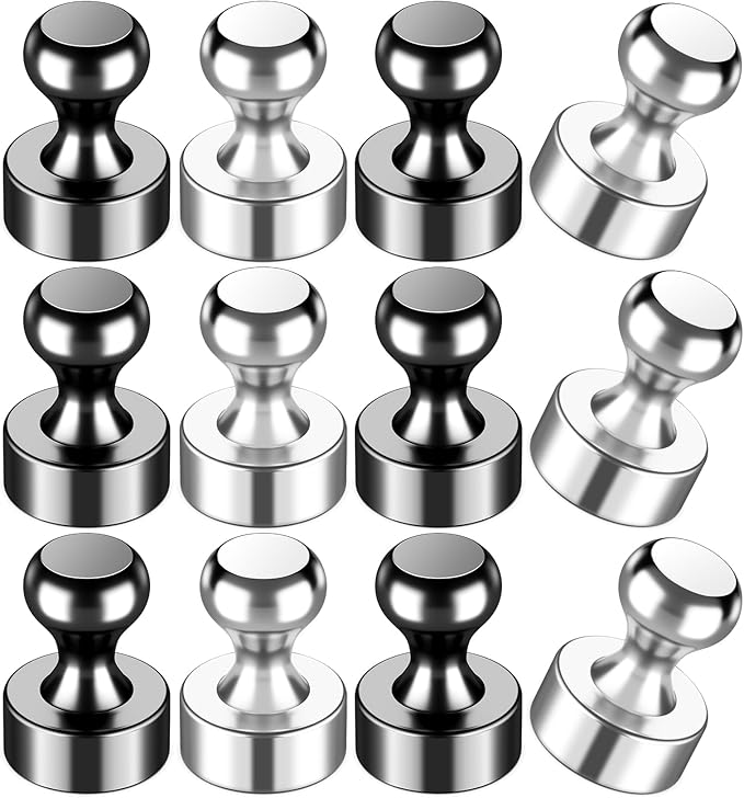 VNDUEEY 12 Pcs Fridge Magnets Refrigerator Magnets, Black-Silver Whiteboard Magnets, Magnetic Push Pins, Strong Metal Magnets for Locker, Office, School, Home