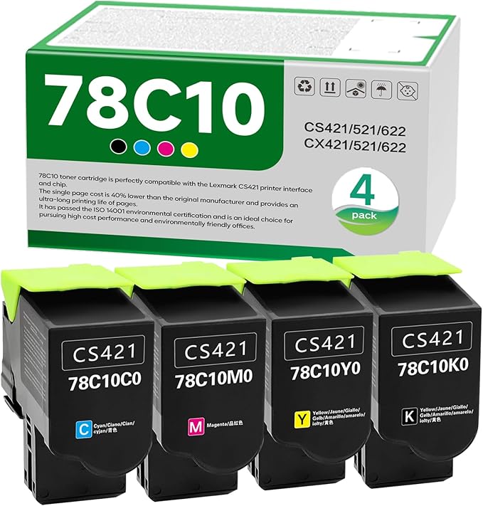 78C10K0 78C10C0 78C10M0 78C10Y0 High Yield Toner Cartridge Replacement for Lexmark CS421 CS521 CS622 CX522 CX421 CX622 CX625 CS622de CS521dn CS421dn CX421adn CX522ade Printer (4 Pack)