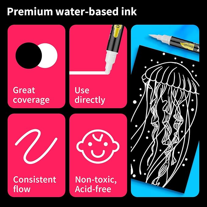 NAWOD 3 White Acrylic Paint Pens, Acrylic Paint Markers Dual Tip (Dot Tip + Brush Tip), Acrylic Permanent Markers for Rock, Fabric, Canvas, Ceramic, Glass, Wood, Paper, Labeling, Drawing, DIY Crafts
