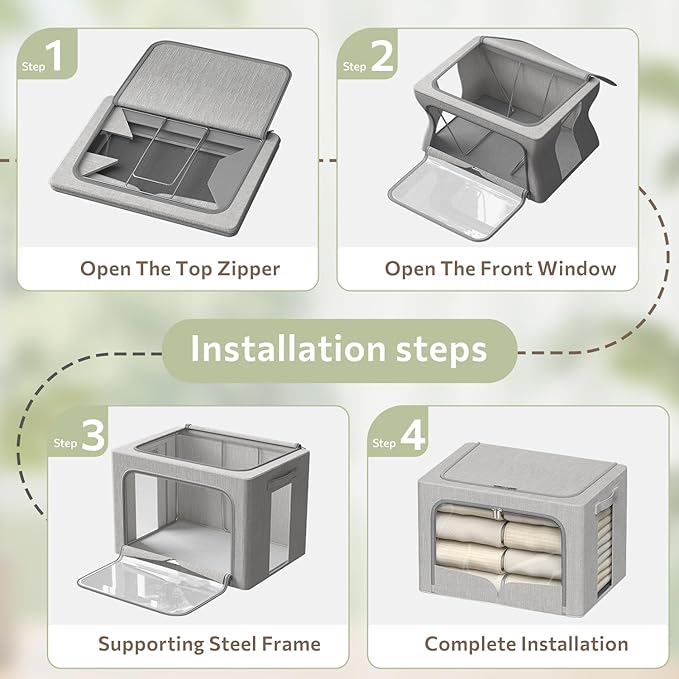 FHSQX 3 Pack Clothes Storage Bins - Foldable Metal Frame Storage Box - Stackable Linen Fabric Container Organizer Set with Carrying Handles and Clear Window (Light Gray, 15.7x11.8x7.8inch(22L))