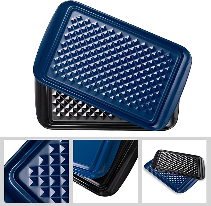 Melamine Grilling Prep and Serve Trays, Set of 2 Melamine Rectangular Serving Trays/Platters with Handle for Outdoor Parties and BBQ, Dishwasher Safe Food Tray,17''x10.5''. Blue and Black