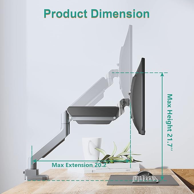 WALI Ultrawide Monitor Arm for 13 to 49 Inch Heavy Duty Curved Screens, Adjustable Gas Spring Single Monitor Desk Mount with 2 USB 3.0 Ports, Holds 33 lbs, 75x75/100x100 VESA, Silver (GSMU001)
