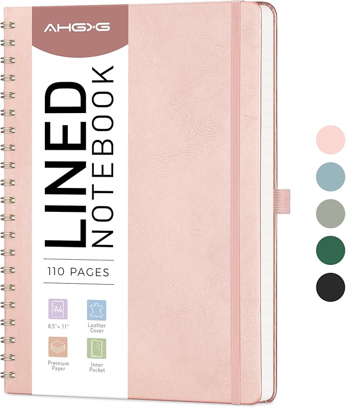 AHGXG Lined Spiral Notebook 8.5" x 11", A4 Large Notebook Journals for Women Men, Leather Hardcover, 100 GSM Thick College Ruled Paper, Notebooks for Work School Note Taking Writing, Rose Gold