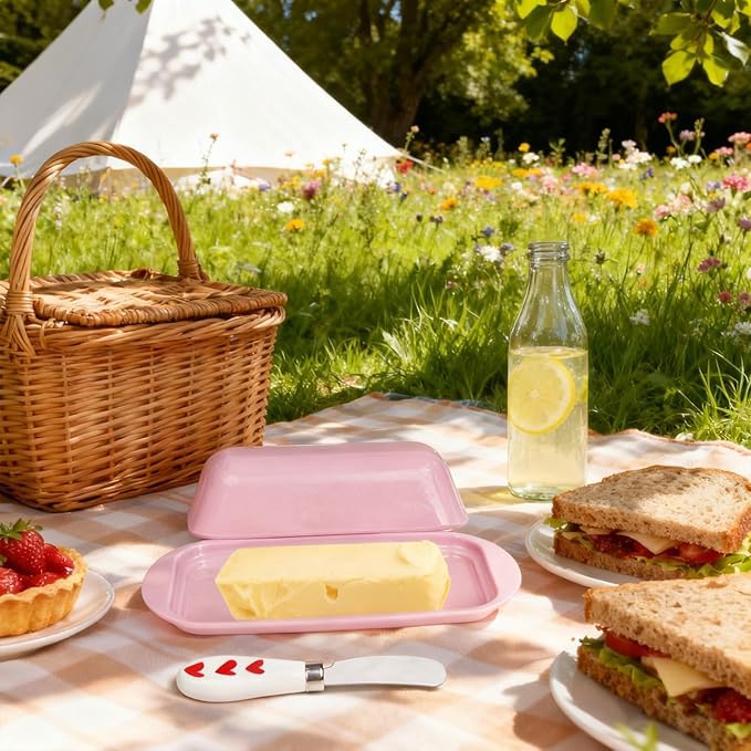 Butter Dish with Lid and Knife, Durable Countertop & Fridge Butter Keeper, Melamine Butter Container Valentine’s Kitchen Gift, Heart Design - Pink