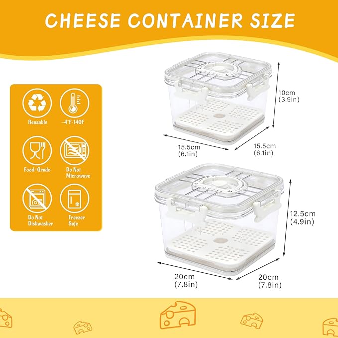 Cheese Container for Refrigerator,2 Pack Cheese Keeper with Airtight Lid and Time Recording,Cream Block Shredded Cheeses Storage Box,Sliced,Grated,Cheddar Cheeses Box Keeper for Fridge,kitchen