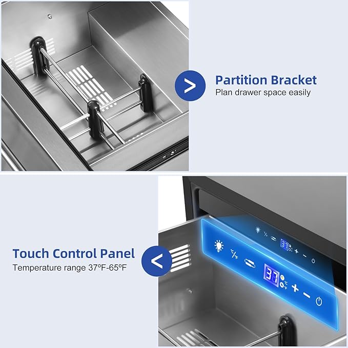 Tylza 24 Inch Under Counter Drawer Fridge, Built-in Beverage Refrigerator for Home and Commercial Use, Stainless Steel Door, Fast Cooling, Low Noise, 37-65 °F