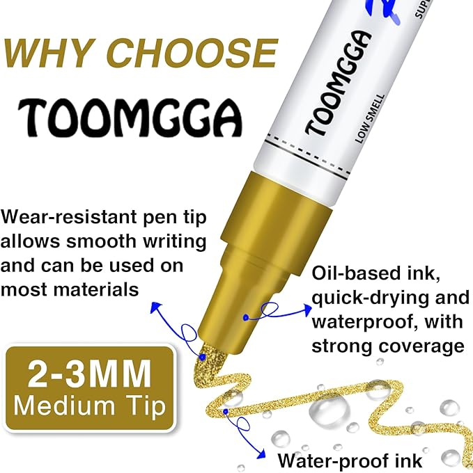 White Paint Pens Permanent Paint Markers - 2 Pack Oil Based Marking Pens, Medium Point, Quick Drying and Waterproof Pens for Rock Painting Car Tyre Metal, Plastic, Canvas, Wood, Glass