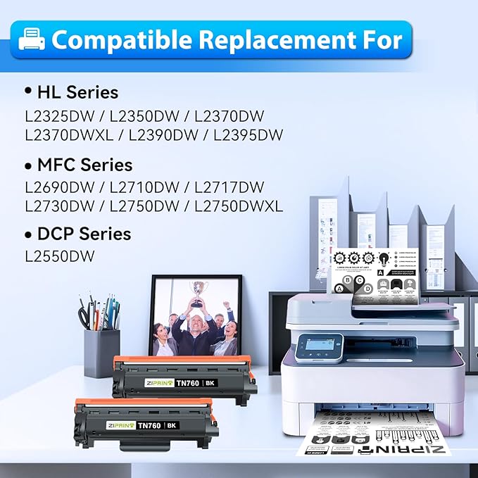 ZIPRINT TN760 Toner Cartridges Compatible Replacement for Brother TN760 TN730 TN-730 High Yield for MFC-L2710DW MFC-L2750DW DCP-L2550DW HL-L2350DW HL-L2395DW HL-L2370DW (Black, 2 Pack)