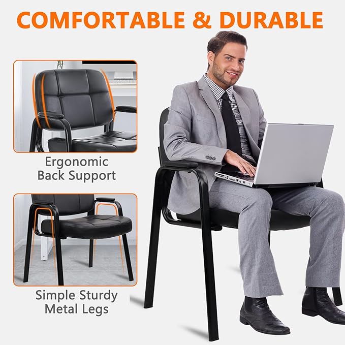 CLATINA Big & Tall 500 lbs Waiting Room Guest Chair, Leather Office Reception Chair No Wheels with Padded Arms for Elderly Home Desk Conference Room Lobby Side Salon Clinic, Black(2 Pack)