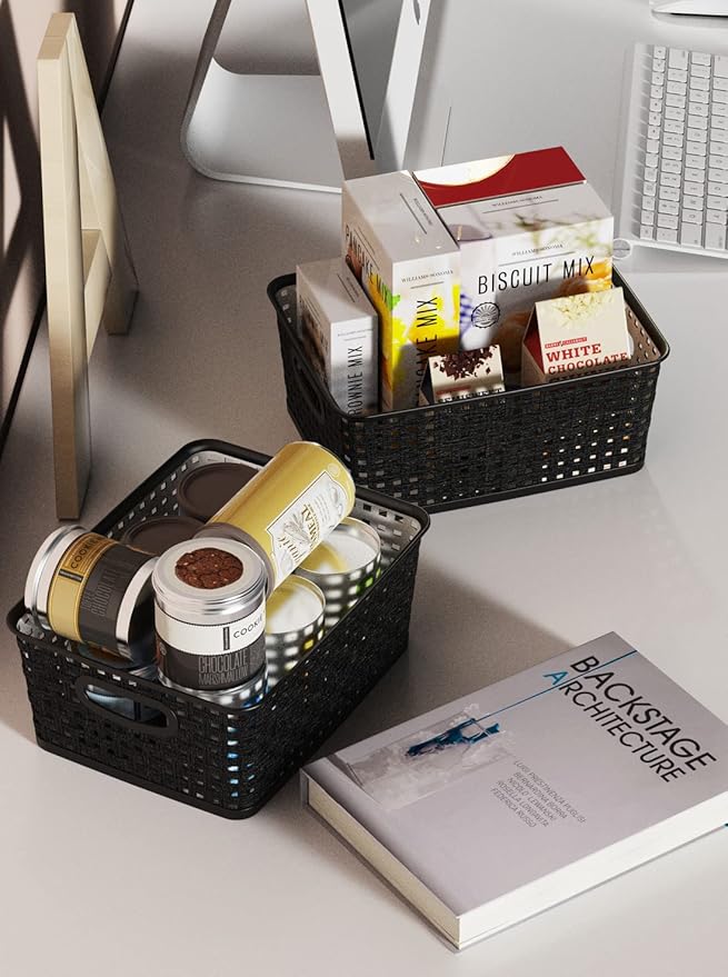 WYT Woven Storage Organizer Basket, 6-Pack Black Plastic Weave Baskets, 10.1 x 7.55 x 4.1