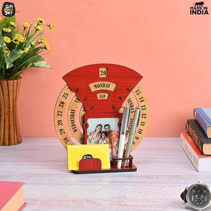 GKD Wooden Desk/Table Calendar to Lifetime Infinite Calendar 2025 with Desk Organizer and Photo Frame for Office/Home (Red)