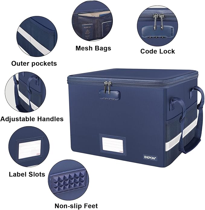 ENGPOW File Box with Lock, Fireproof Document Box with Zipper&Pockets, Collapsible File Organizer Filing Storage Cabinet with Handle, Portable Home Office Safe for Hanging Letter/Legal Folder, Blue
