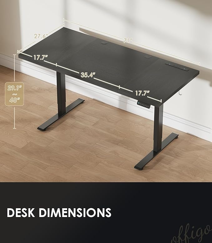 OffiGo Electric Standing Desk with 3-Piece Board, 71 Inch Height Adjustable Large Desk with Power Outlets, Sit Stand Table, Writing Computer Desk for Home, Office, Workstation, Black