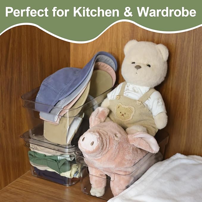 MOONEDGE Clear Plastic Storage Bins with Lids – Stackable Organizer Containers for Fridge, Kitchen, Pantry, Bathroom, Closet, Laundry Room, Office – 2 Pack (10×6×5 in)