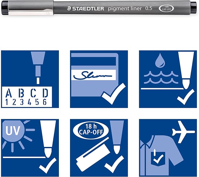 STAEDTLER Pigment Liner Pack, Black, 3 Pens, Assorted Line Widths 0.5mm/1.2mm/Chisel, 308-9S2BK3