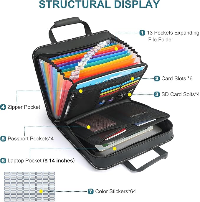 SEEKIND PU Leather Accordion File Organizer with Handle & Strap,12 Pockets Expanding File Folder with Zipper & Labels,Portable Document Organizer File for Letter A4 Files
