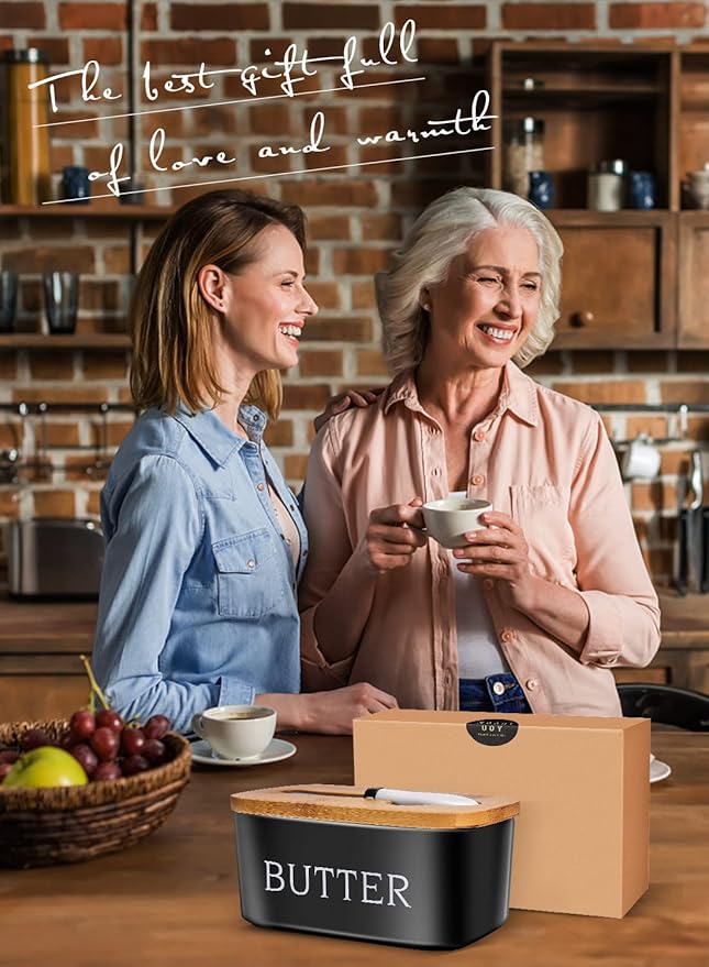 Butter Dish with Lid: Large Butter Container for Countertop - Ceramic Butter Holder for Counter - Butter Tray Butter Keeper with Knife and Sponge Scrubber - Perfect for 2 Sticks of Butter Black