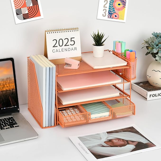 gianotter Paper Letter Tray Organizer with File Holder, 4-Tier Desk Accessories & Workspace Desk Organizers with Drawer and 2 Pen Holder for Office Supplies (Orange)
