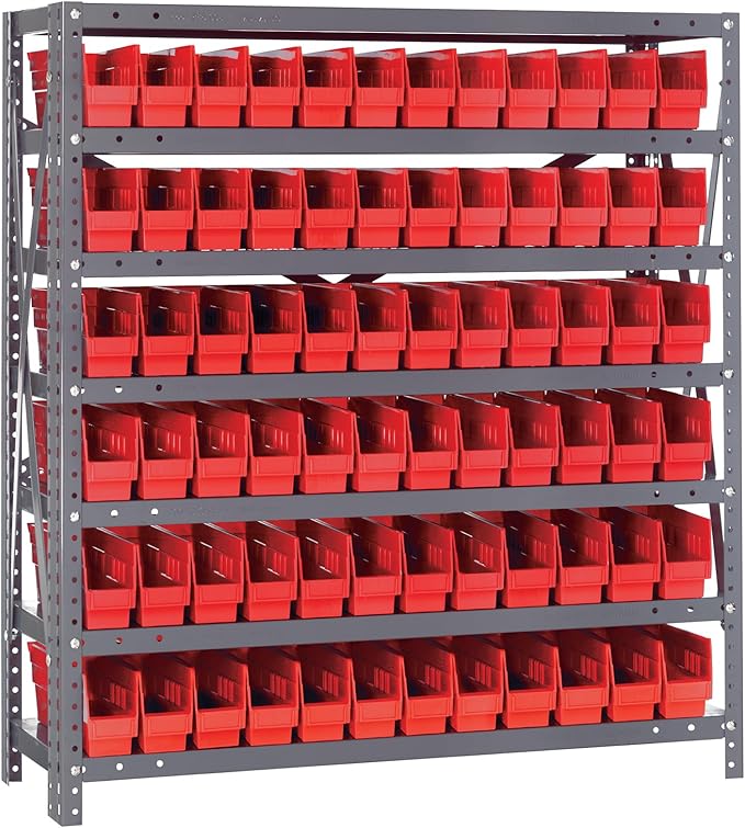 Quantum Storage Systems 1239-100RD Solid Heavy Duty 7 Shelves 72 Economy Red Bins 39" H x 36" W x 12" D
