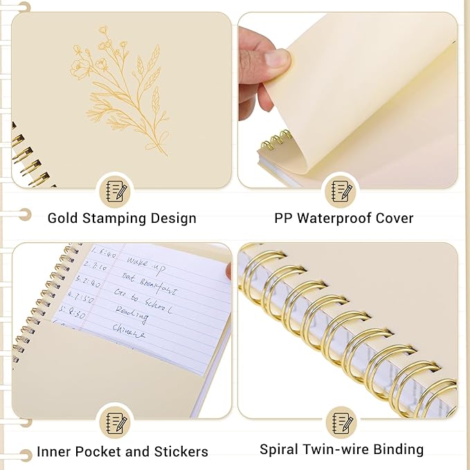3 Pcs Spiral Notebook 5.9x8.3, 140 Pages Small Notebook for Women A5 College Ruled Journals Cute Notebooks with Large Pockets and Index Stickers for Home School Office Use(Green, Beige, Orange)
